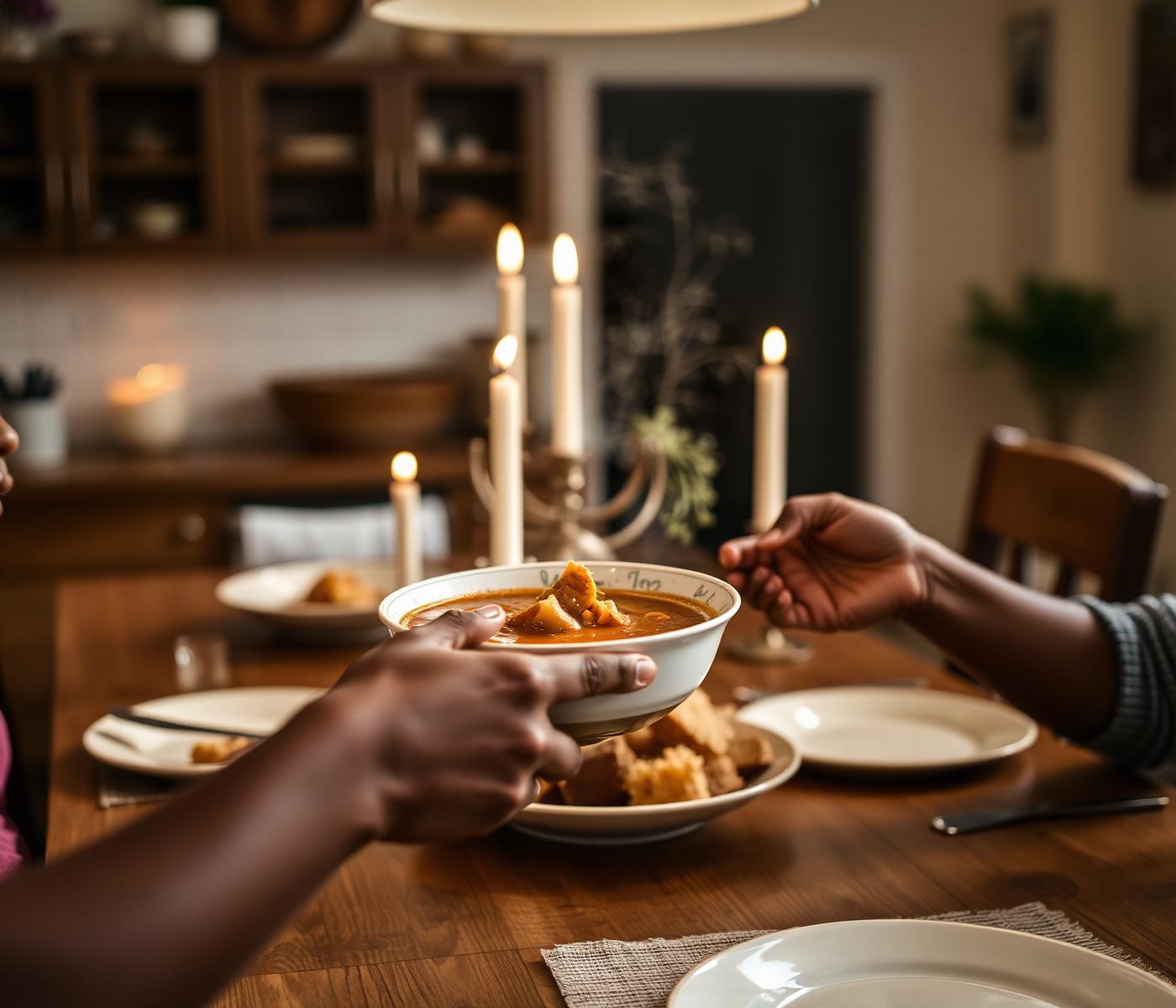 A warm family dining table with steaming Akwa Ibom soup being passed between hands.